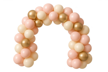 Soft pastel balloon arch in pink, cream and metallic gold forming a decorative party and wedding backdrop for celebrations and photoshoots