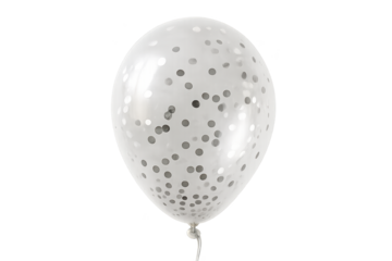 Clear white balloon filled with scattered silver confetti dots, tied with a thin string on a transparent background