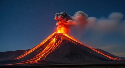 Active Stratovolcano Erupting Under Starry Night Sky with Lava Flows