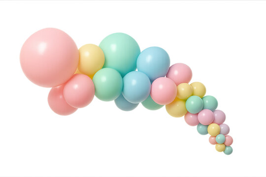 Pastel balloon garland arch of assorted sizes in soft pink, mint, yellow and blue on transparent background