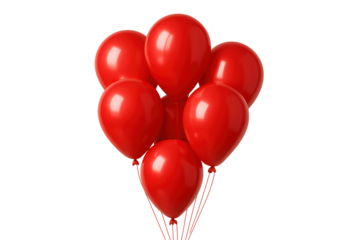 Cluster of six glossy red latex balloons tied together, floating against a clean transparent background for party or celebration decor