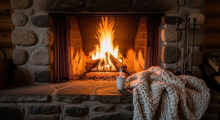 Cozy Rustic Stone Fireplace with Hot Cocoa and Wool Blanket