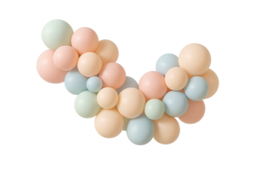 Curved pastel balloon garland arrangement in soft peach, mint, and blue on a clean transparent background