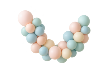 Pastel balloon garland in mint, blush, peach and cream tones arranged in a curved arch against a transparent background