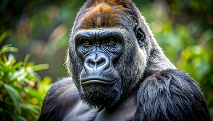 Obraz premium A majestic gorilla stares intently at the viewer. Lush green foliage frames the primate with striking amber eyes. The scene's bokeh gives depth