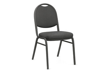 Gray upholstered stacking banquet chair with metal frame, padded seat and rounded backrest with carry handle, ideal for events, conferences, receptions, dining and commercial venues