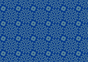 Fototapeta premium 青色の花と葉をモチーフにした幾何学的なシームレスパターン背景｜植物、フラワー、模様、連続デザイン、装飾、北欧風、テキスタイル、壁紙、ベクター