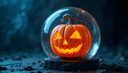 Glowing Orange holographic jack o lantern trapped inside a transparent crystal sphere against a dark background