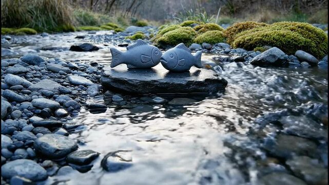 Two Small Frosted Fish Sculptures Resting On A Dark Rock In A Shallow Stream With Moss Covered Rocks In The Background During Daytime