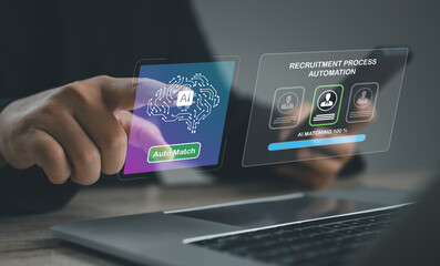 Business professional using AI-powered recruitment automation interface with candidate matching system, digital profiles, and smart hiring process, representing HR technology, talent selection, and wo