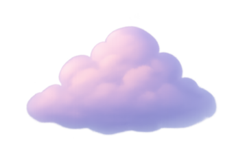 Soft pastel pink and purple fluffy cloud illustration on a transparent background, isolated and dreamy with a stylized puffy cumulus shape for design and decor
