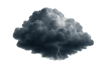Dark isolated storm cloud with visible lightning bolt, detailed cumulonimbus formation on a transparent background
