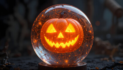 Glowing Orange holographic jack o lantern trapped inside a transparent crystal sphere against a dark background