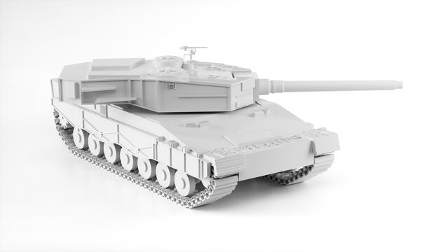 Clean 3D clay-style render of a Leopard main battle tank in matte white, showing turret, cannon, and tracks, isolated on a bright white studio background.