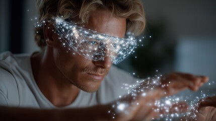 Digital Immersion: A man wearing futuristic augmented reality goggles, with glowing particles surrounding him, as he explores the possibilities of virtual existence.
