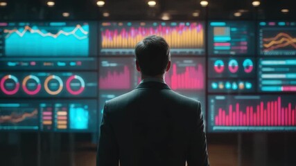 Business analyst suit studies colorful data dashboard screens with charts and graphs, standing before large digital dashboard displaying colorful financial charts and data, viewing data dashboard - Powered by Adobe