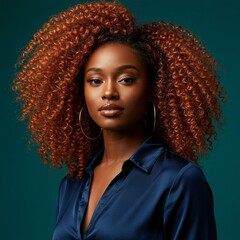 Radiant woman with striking auburn curly hair, hoop earrings, and a blue satin shirt, portrait.