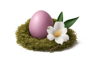 Purple easter egg in moss nest with flower