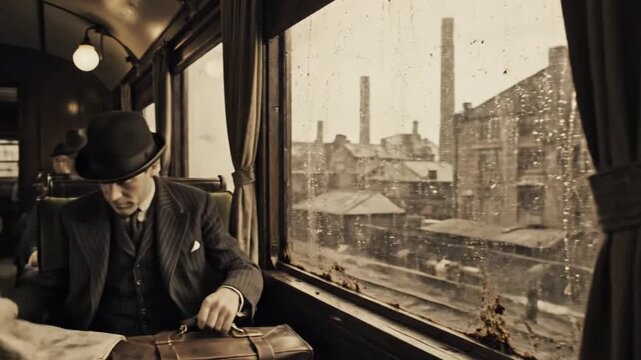 Victorian Gentleman on Train, Industrial Cityscape
