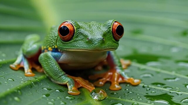 Vibrant Red-Eyed Tree Frog Resting on Wet Green Leaf in Rainforest