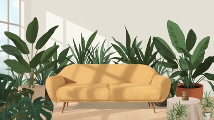 Cozy yellow sofa surrounded by lush green houseplants in a sunlit room