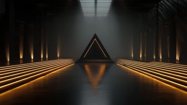 Futuristic interior dark hall with illuminated glowing triangular monument reflected glossy polished floor and reflective corridor like aisle, dramatic moody lighting with warm golden linear LED