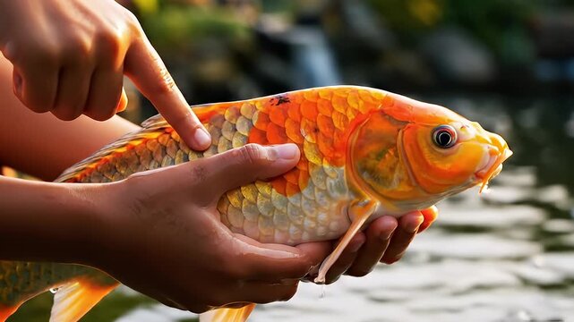 Releasing a Bright Orange Fish into Water Action.