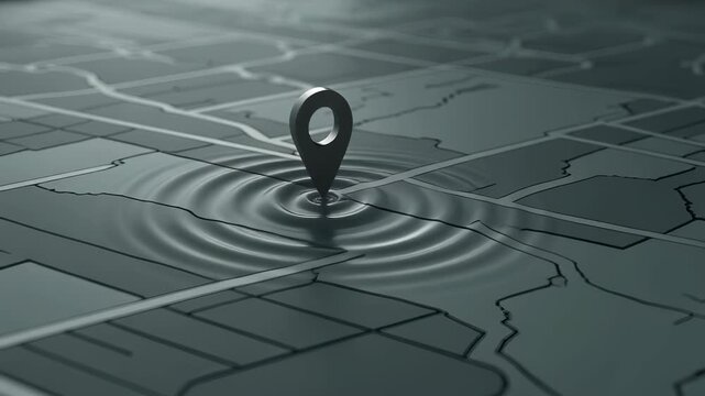 Precise Destination Marker: A metallic pin, resonating with a ripple effect, marks a key destination on a detailed map, symbolizing precision and guidance. 