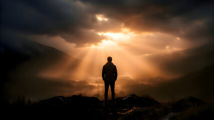 Man standing on a hill observing the sunbeams breaking through the clouds in a dramatic natural landscape