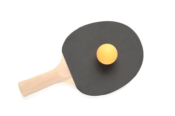 Black table tennis racket and ball isolated on white background
