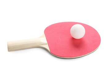 Red table tennis racket and ball isolated on white background, closeup