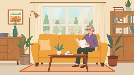 Elderly woman relaxing on a yellow couch reading a book in a cozy living room