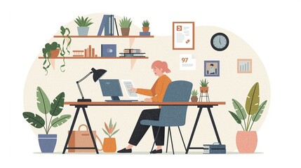 Woman working at a desk in a cozy home office with plants and books