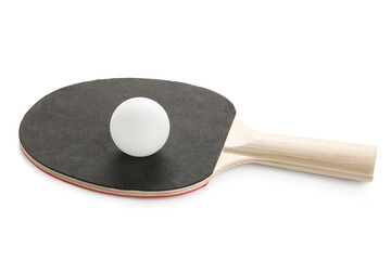 Black table tennis racket and ball isolated on white background, closeup