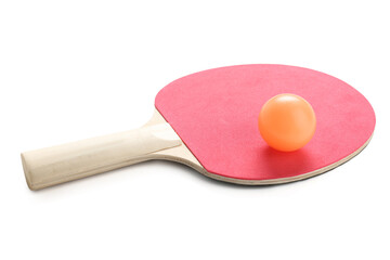 Red table tennis racket and ball isolated on white background, closeup