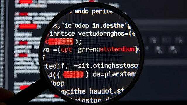 Magnifying glass over computer code highlighting important data for analysis and cybersecurity inspection
