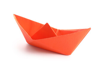 Red paper boat on white background