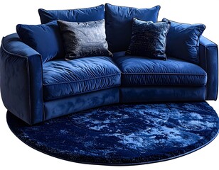 A luxurious navy blue sofa with plush cushions sits atop a circular, textured rug, creating a cozy living space scene