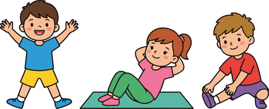 Vector illustration of three happy children performing physical exercises, featuring a boy doing jumping jacks, a girl doing sit-ups on a mat, and a boy stretching his leg.