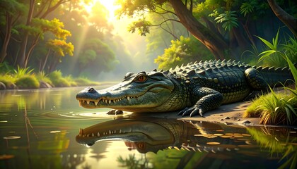 A large reptile basks near a reflective body of water surrounded by lush greenery and sunlight
