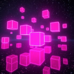 Abstract neon pink cubes floating in a starry, dark digital space
