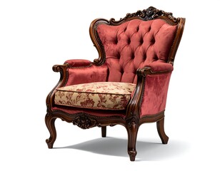 A luxurious, ornate armchair features a tufted back and floral seat cushion, crafted from rich, reddish-toned velvet and mahogany wood