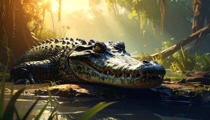 A large reptile, with textured scales, rests in shallow water. Lush foliage, trees, and sunlight form the backdrop of this swamp scene