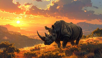 A large rhinoceros walks across a grassy hillside as the sun sets, casting golden light on the landscape with a vibrant sky