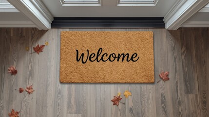 Welcome doormat with autumn leaves on wooden floor near doorway
