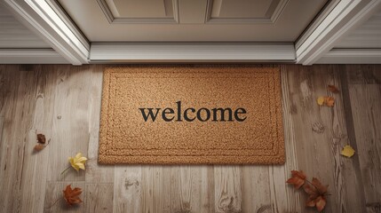 Welcome doormat on a wooden floor with fallen autumn leaves near the entrance