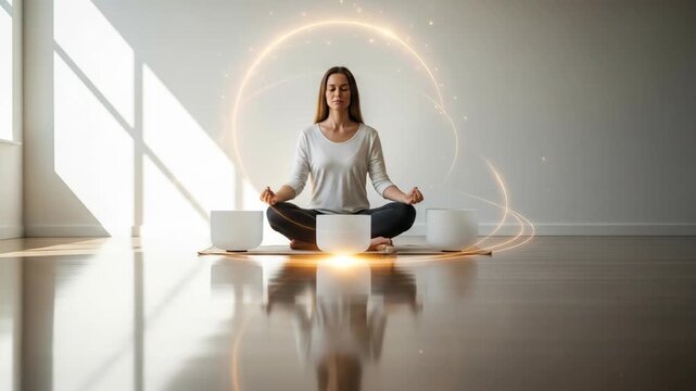 Woman Meditating with Crystal Singing Bowls for Sound Healing Therapy.