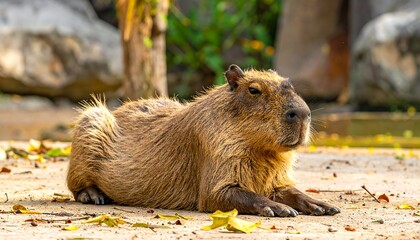 A large rodent rests on a sandy surface, with rocks and foliage forming the background. Sunlight enhances the animal's brown fur