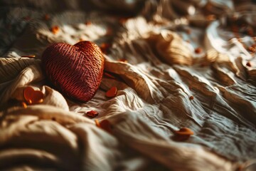 Romantic Handmade Knitted Heart on Crumpled Fabric, Warm Light Creates Cozy Valentine Atmosphere