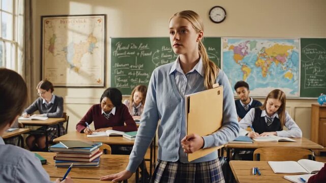 High school students learning in a classroom setting with teacher